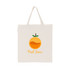 A calico bag in natural colour featuring an orange fruit design with the text "Fruit Juice" and a logo.