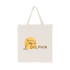 A cream calico bag featuring a dolphin design and a circular background, with a short handle.