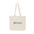 A cream-coloured long handle calico bag with a gusset and a logo.