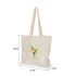 A cream calico bag with long handles and a gusset, featuring a floral logo design.