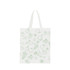 A white cotton tote bag featuring a green fruit pattern and short handles, with a logo on the side.