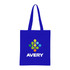 A blue cotton tote bag with long handles and a logo.