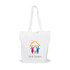 A white cotton bag with long handles and a multicoloured logo featuring figures and a house design.