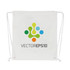 A white drawstring cotton bag featuring a multicoloured logo and two cotton drawstrings.