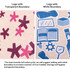A drawstring cotton bag featuring a design with various blue and maroon icons, set against a natural fabric background.