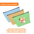 Three canvas cosmetic bags in light blue, green, and beige, featuring a logo on the front.