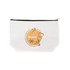 A white canvas cosmetic bag with a black zipper and a decorative beauty design featuring floral elements.