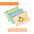 A set of three rectangle canvas cosmetic bags in green, blue, and peach, featuring a design and a logo.