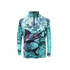 A 1/4 zip fishing pullover in teal with a marlin graphic and a logo on the front. Made of polyester spandex.