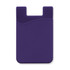 A purple silicone phone wallet with a smooth texture and a curved design, featuring a branding logo.