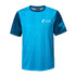 A blue and teal 100% polyester sublimated T-shirt featuring a logo on the front.
