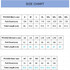 A size chart detailing measurements for men's, women's, and kids' sizes of a sports tee shirt in various dimensions.