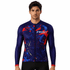 Men's long sleeve cycling jersey in navy blue with vibrant red and blue splatter design, featuring a logo.