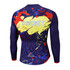 A long sleeve cycling jersey in blue, yellow, and red with a splash design and a logo on the back.