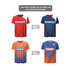 A reversible sports jersey featuring orange and blue designs, with a logo and various patterns.