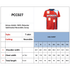 A reversible sports jersey in red featuring a logo, made from 100% polyester. Includes a size chart.