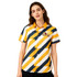 A women's button-up shirt featuring a bold yellow, white, and navy striped design with a logo.