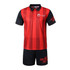 Unisex polyester sports uniform featuring a red and black striped polo shirt and black shorts with a logo.