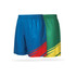 Unisex adults' soccer shorts in blue and green, featuring vibrant red and yellow designs, with a logo.