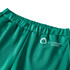A pair of green unisex adult sports shorts made of 100% polyester featuring a logo.