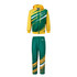 A green and yellow tracksuit featuring a zip-up hoodie and matching pants, with a logo and dynamic design elements.