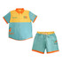 A pair of men's beach shorts in aqua and orange, featuring logos and a matching shirt.