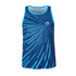 A blue and turquoise sublimated singlet featuring a dynamic radial design and a logo on the front.