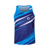 A blue and navy sublimated sports singlet featuring a dynamic design and a logo. Made from 100% polyester.
