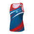 A sublimated sports singlet in blue, red, and white with a logo on the front.