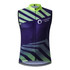 A sleeveless cycling vest in purple and green with a geometric pattern and a logo.