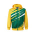 A men's polyester track jacket in yellow and green, featuring a hood and a logo.