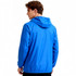 A blue unisex adult jacket made of 100% polyester, featuring a hood and sun protection. Branding present.