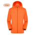An orange unisex adult jacket made of 100% polyester, featuring a hood and sun protection. Includes a logo.