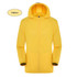 A yellow unisex adult jacket made of 100% polyester, featuring sun protection and a hood. Includes a logo.