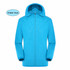 A water blue unisex adult jacket made of 100% polyester with a hood and sun protection feature. Logo present.