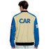 A unisex varsity jacket featuring a cream and blue design, with an emblem on the sleeve and branding on the back.