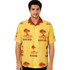 A men's yellow Cuban collar shirt with a palm tree and beach graphic pattern, featuring a red collar and branding.