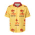 A yellow Cuban collar shirt with a red collar, featuring palm trees, shells, and sunset graphics. It has a logo.