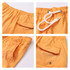 Men's polyester spandex swim shorts in vibrant orange, featuring an elastic waistband, drawstring, and a side pocket.