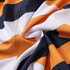 Board shorts featuring a bold design with orange, navy, and white stripes. Includes stitching details and a logo.