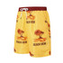 Men's polyester board shorts in yellow with a beach view print featuring palm trees and a red waistband.