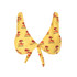 A women's bikini top in yellow with a palm tree pattern and a tie front detail. It features a logo design.