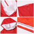 A red men's polyester spandex hoodie featuring a hood with ventilation holes, detailed patterns, and a logo.