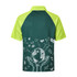 A green and lime unisex polo shirt featuring eco-themed graphics and a logo. Suitable for casual wear.