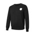 A black unisex 100% cotton round collar sweater with a small logo on the chest and ribbed cuffs.