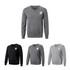 A set of unisex 100% cotton V-neck sweaters in black, dark grey, and light grey, each featuring a logo.