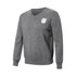 A grey unisex 100% cotton v-neck sweater with long sleeves and a logo on the chest.
