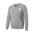 A grey unisex 100% cotton V-neck sweater with long sleeves and a logo on the chest.