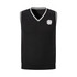 A black unisex cotton spandex v-neck knitted vest with contrasting white detailing and a logo.
