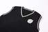 A black unisex cotton spandex V-neck knitted vest with a contrast knit trim and a logo on the chest.